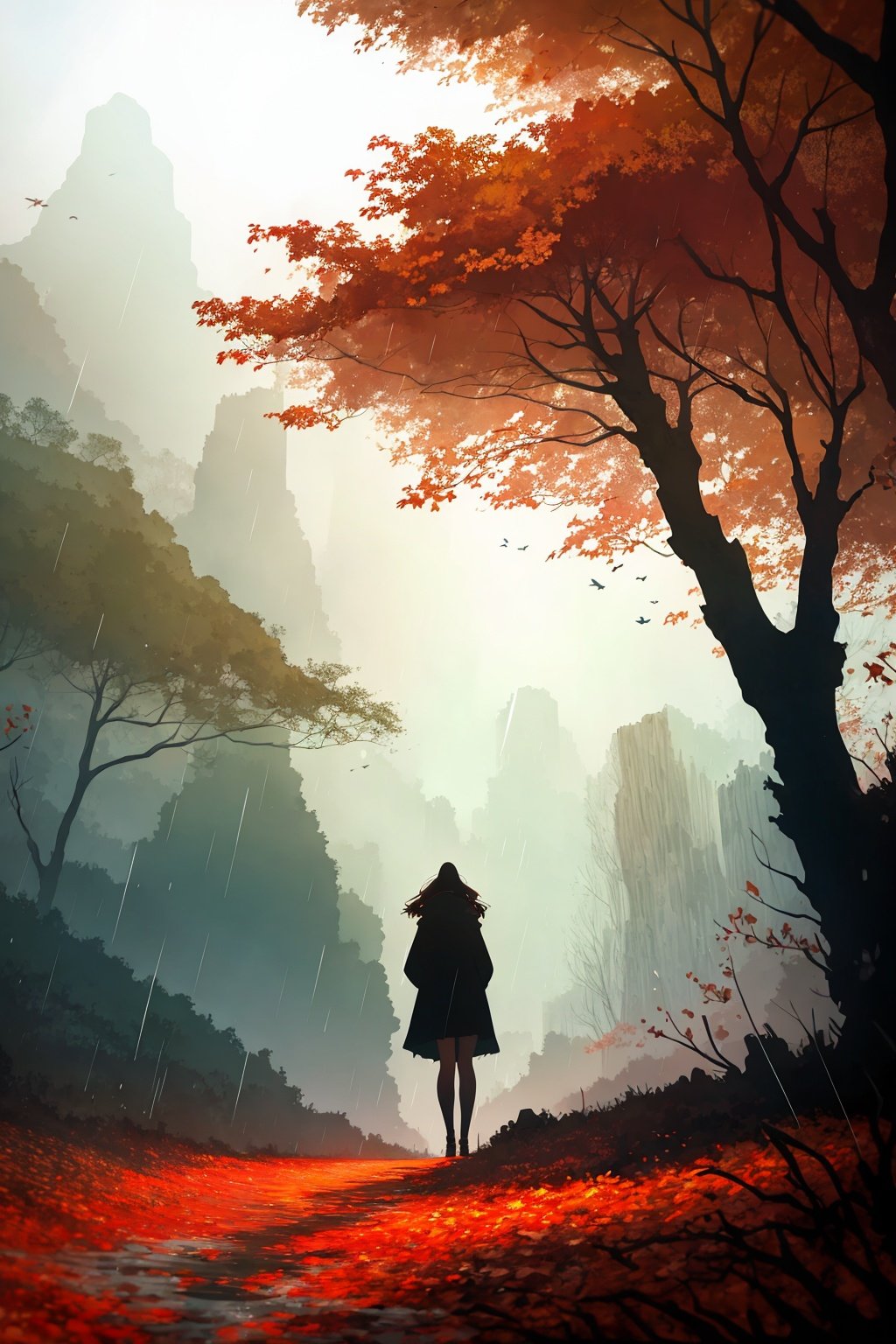 style of Karel Thole, a girl, autumn, from below, rain, mountains, trees, dynamic pose, happy, amazed, gigantism, bokeh, depth of field, scenery, blurry background, light particles, strong wind, cosy background, dark hue, warm color, Illustration, Character Design, Watercolor, Ink, oil, thematic background, ambient enviroment, epic, Acrylic