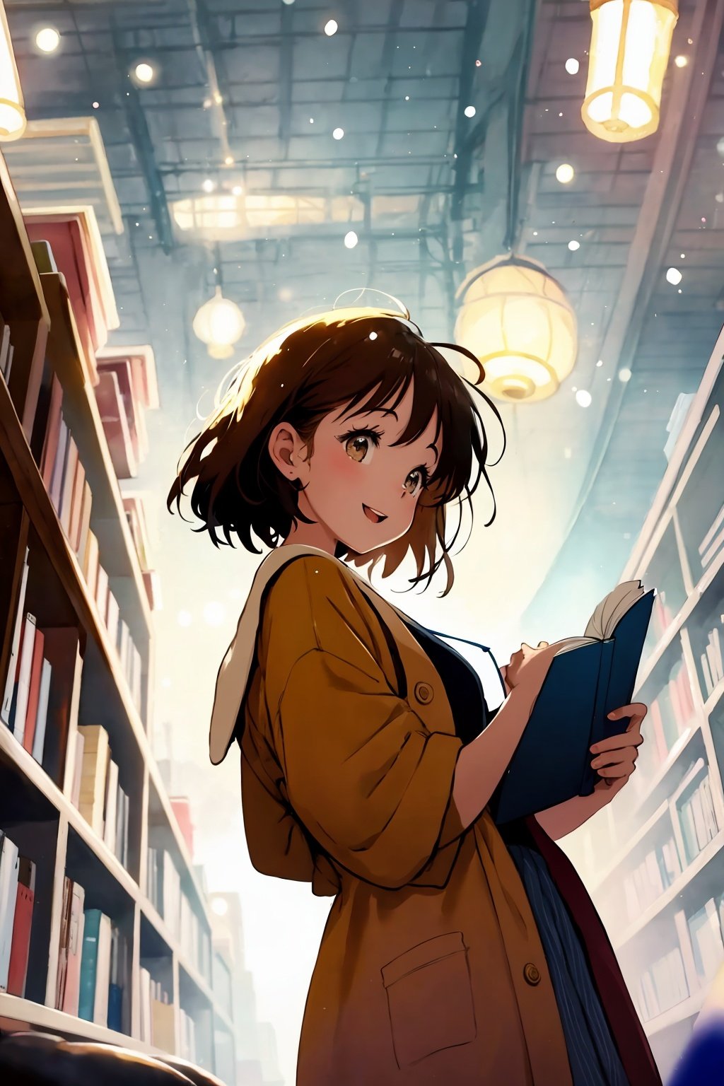 style of Marc Davis, a girl, reading book, 90s theme, from below, dynamic pose, happy, amazed, bokeh, depth of field, scenery, blurry background, light particles, strong wind, cosy background, warm color, Illustration, Character Design, Watercolor, Ink, oil, thematic background, library enviroment