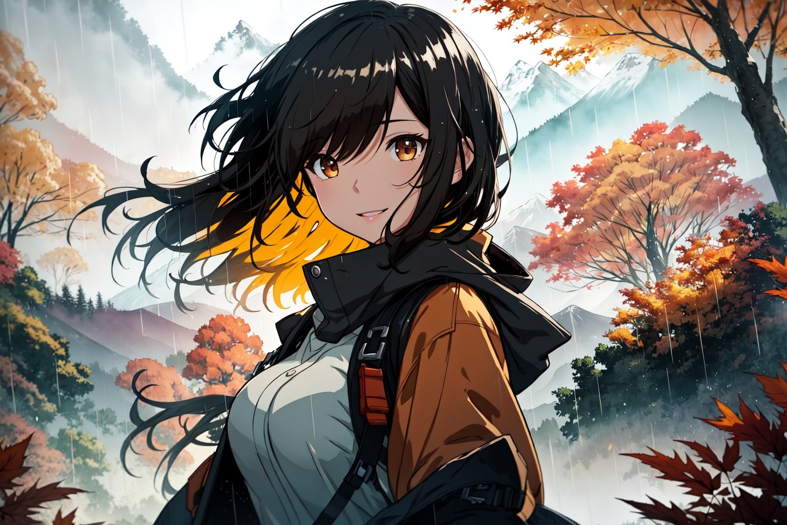 style of Ross Tran, a girl, autumn, posing, rain, mountains, trees, dynamic pose, happy, amazed, bokeh, depth of field, scenery, blurry background, light particles, strong wind, cosy background, warm color, Illustration, Character Design, Watercolor, Ink, oil, thematic background, ambient enviroment, epic, Acrylic