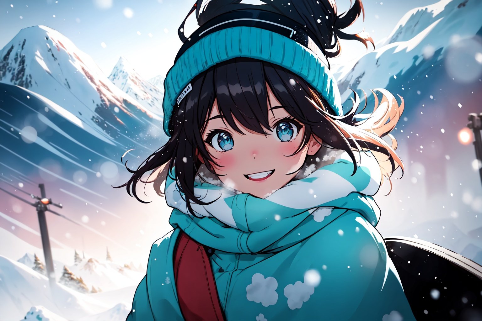 style of Jonny Duddle, a girl, winter, snowboarding, snow, mountains, dynamic pose, happy, amazed, bokeh, depth of field, scenery, blurry background, light particles, strong wind, cosy background, warm color, Illustration, Character Design, Watercolor, Ink, oil, thematic background, ambient enviroment, epic