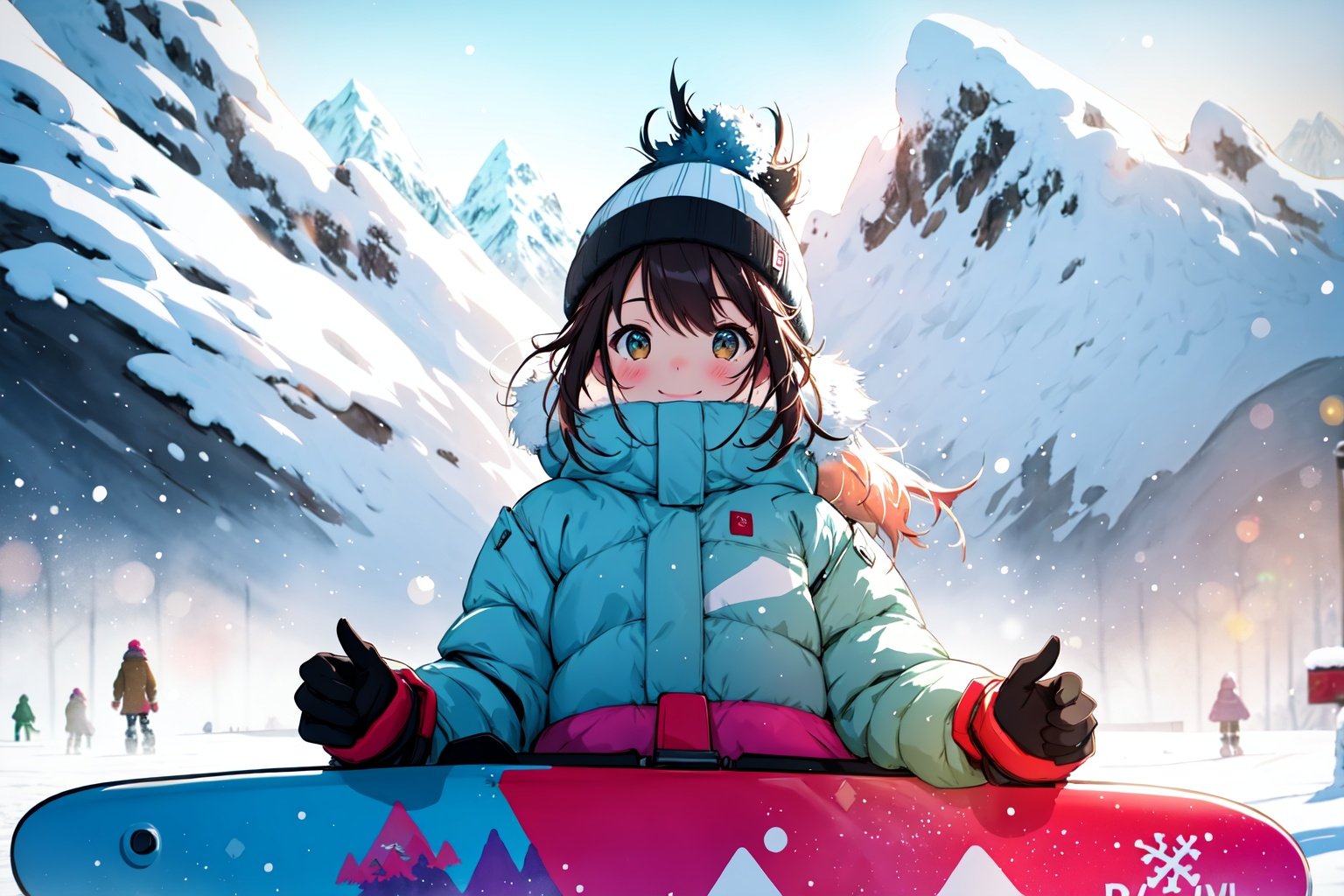 style of Jonny Duddle, a girl, winter, snowboarding, snow, mountains, dynamic pose, happy, amazed, bokeh, depth of field, scenery, blurry background, light particles, strong wind, cosy background, warm color, Illustration, Character Design, Watercolor, Ink, oil, thematic background, ambient enviroment, epic