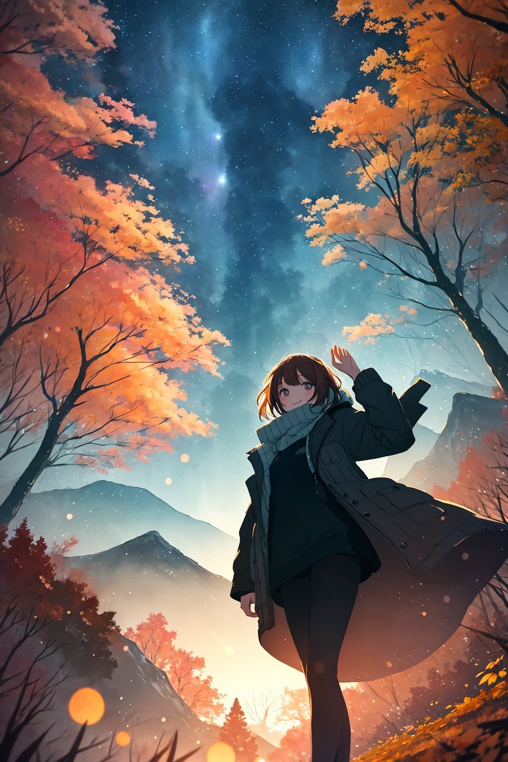 style of Craig Thompson, a girl, autumn, from below, rain, mountains, trees, dynamic pose, happy, amazed, night, starry sky, bokeh, depth of field, scenery, blurry background, light particles, strong wind, cosy background, dark hue, warm color, Illustration, Character Design, Watercolor, Ink, oil, thematic background, ambient enviroment, epic, Acrylic