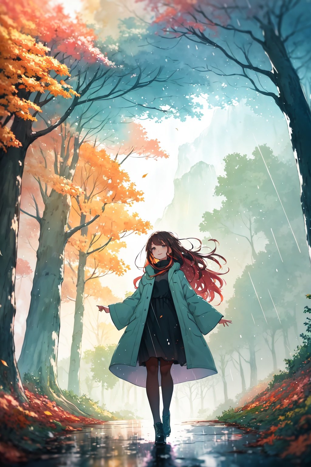 style of Ori Toor, a girl, autumn, from below, rain, mountains, trees, dynamic pose, happy, amazed, bokeh, depth of field, scenery, blurry background, light particles, strong wind, cosy background, warm color, Illustration, Character Design, Watercolor, Ink, oil, thematic background, ambient enviroment, epic, Acrylic