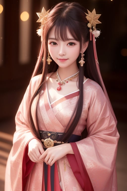 best quality, masterpiece, highres, 1girl,blush,(seductive smile:0.8),star-shaped pupils,red china hanfu,hair ornament,necklace, jewelry,Beautiful face,upon_body, tyndall effect,photorealistic, dark studio, rim lighting, two tone lighting,(high detailed skin:1.2), 8k uhd, dslr, soft lighting, high quality, volumetric lighting, candid, Photograph, high resolution, 4k, 8k, Bokeh,(small head), look at viewer