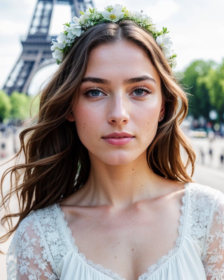 RAW, analog, Nikon Z 85mm, award winning glamour photograph,((best quality)), ((masterpiece)), ((realistic)), 18th century, vintage image, gorgeous French woman wearing, lace dress and corset, wearing a crown, 25 year old, (long brown hair), hazel eyes, small perky breasts, sitting outside at a Paris caf, eiffel tower in background, petite, ((small breasts)), innocent, flower pedals in the air, (freckles:0.6), intricate details, highly detailed, sharp focus, professional, 4k, spring flowers blooming, god rays, hand model, stunning blue eyes, petite, delicate, innocent,highres, detailed facial features, high detail, sharp focus, smooth, aesthetic, extremely detailed, photo_\(ultra\), photorealistic, realistic, post-processing, max detail, roughness, real life, ultra realistic, photorealism, photography, 8k uhd, photography, SEMI-SILHOUETTE light, russian face