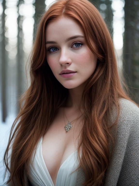 close up of a european woman, ginger hair, winter forest, natural skin texture, 24mm, 4k textures, soft cinematic light, RAW photo, photorealism, photorealistic, intricate, elegant, highly detailed, sharp focus, ((((cinematic look)))), soothing tones, insane details, intricate details, hyperdetailed, low contrast, soft cinematic light, dim colors, exposure blend, hdr, faded