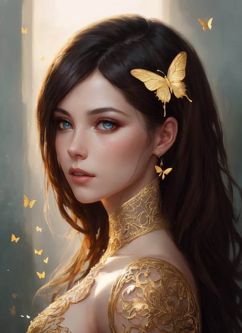 8k portrait of beautiful cyborg with brown hair, intricate, elegant, highly detailed, majestic, digital photography, art by artgerm and ruan jia and greg rutkowski surreal painting gold butterfly filigree, broken glass, (masterpiece, sidelighting, finely detailed beautiful eyes: 1.2), hdr,