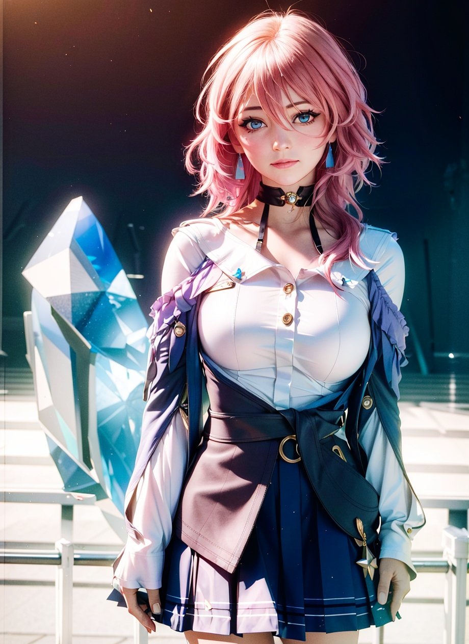 <lora:march_7th__honkai _star_rail__offset:1> masterpiece, (photorealistic:1.4), best quality, beautiful lighting, march 7th \(honkai: star rail\), 1girl, blue eyes, blue skirt, breasts, detached sleeves, earrings, ice, jewelry, long sleeves, medium breasts, medium hair, pink hair, shirt, skirt, solo, star \(symbol\), star earrings, white shirt, RAW photo, 8k uhd, film grain