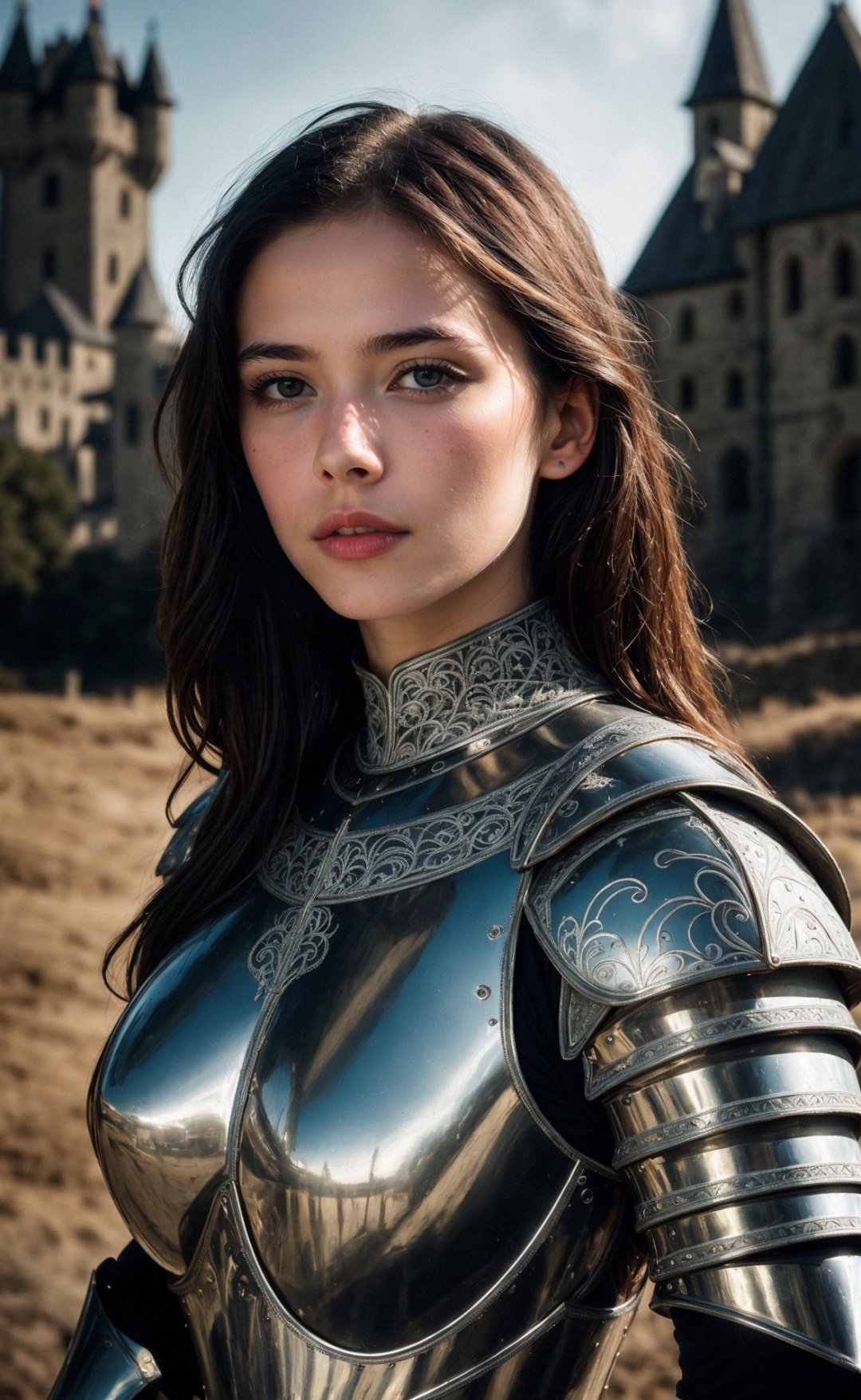 (masterpiece), (extremely intricate:1.3), (realistic), portrait of a girl, the most beautiful in the world, (medieval armor), metal reflections, upper body, outdoors, intense sunlight, far away castle, professional photograph of a stunning woman detailed, sharp focus, dramatic, award winning, cinematic lighting, octane render, unreal engine, volumetrics dtx, (film grain)