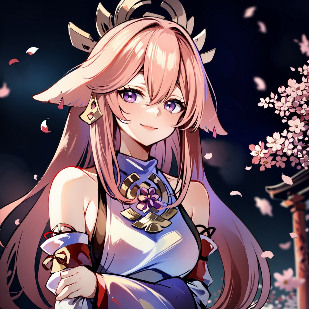 1girl, (ulzzang-6500:0.7), kpop idol, yae miko, detached sleeves, bare shoulders, pink hair, long hair, japanese clothes, best quality, (painting:1.5), (hair ornament:1.35), jewelry, purple eyes, earrings, breasts, torii, cherry blossoms, lantern light, depth of field, detailed face, face focus, ribbon_trim, (looking at viewer:1.25), nontraditional miko, shiny skin, long sleeves, smile, thick lips, game cg, hands on lips, east asian architecture, (blurry background:1.2), sitting, upper body,