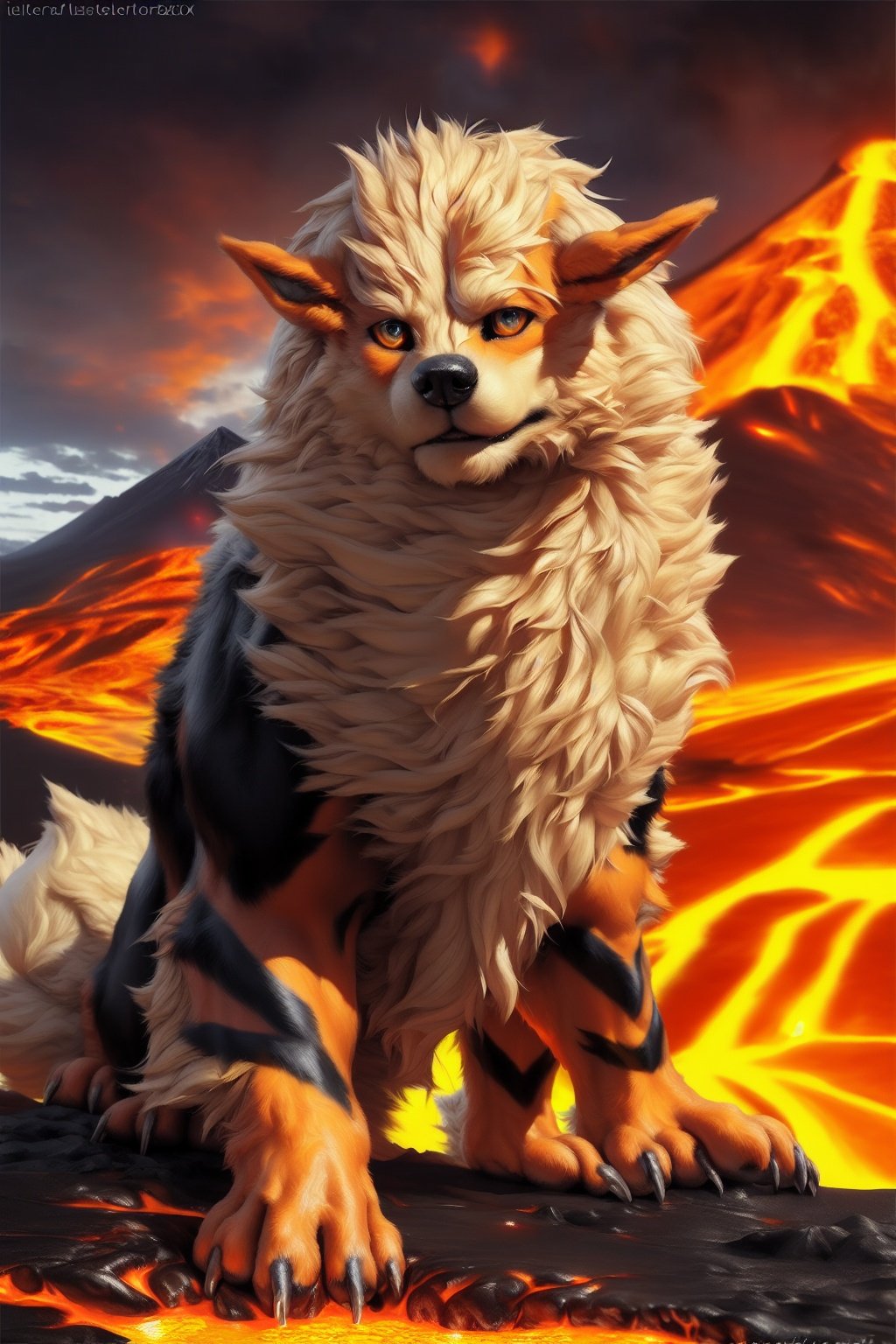 feral, arcanine, solo, looking at viewer, fur, lava, volcano, masterpiece, best quality, photorealistic, hyperrealistic, ultradetailed, detailed background, photo background, digital drawing (artwork), [[by kenket|by totesfleisch8], by thebigslick:by silverfox5213:0.8], [by syuro, by paloma-paloma::0.2],
