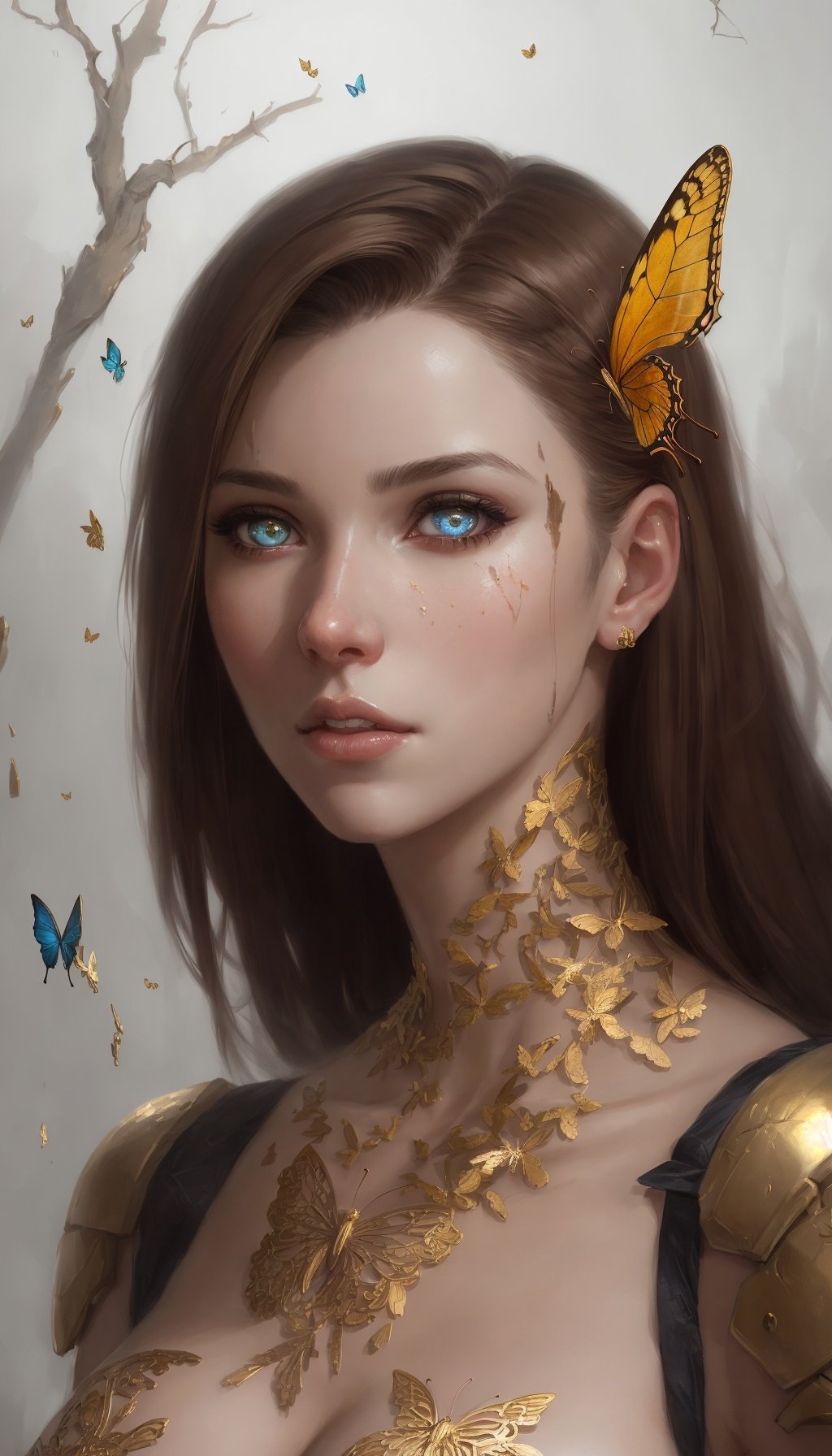 8k portrait of beautiful cyborg with brown hair, intricate, elegant, highly detailed, majestic, digital photography, art by artgerm and ruan jia and greg rutkowski surreal painting gold butterfly filigree, broken glass, (masterpiece, sidelighting, finely detailed beautiful eyes: 1.2), hdr,