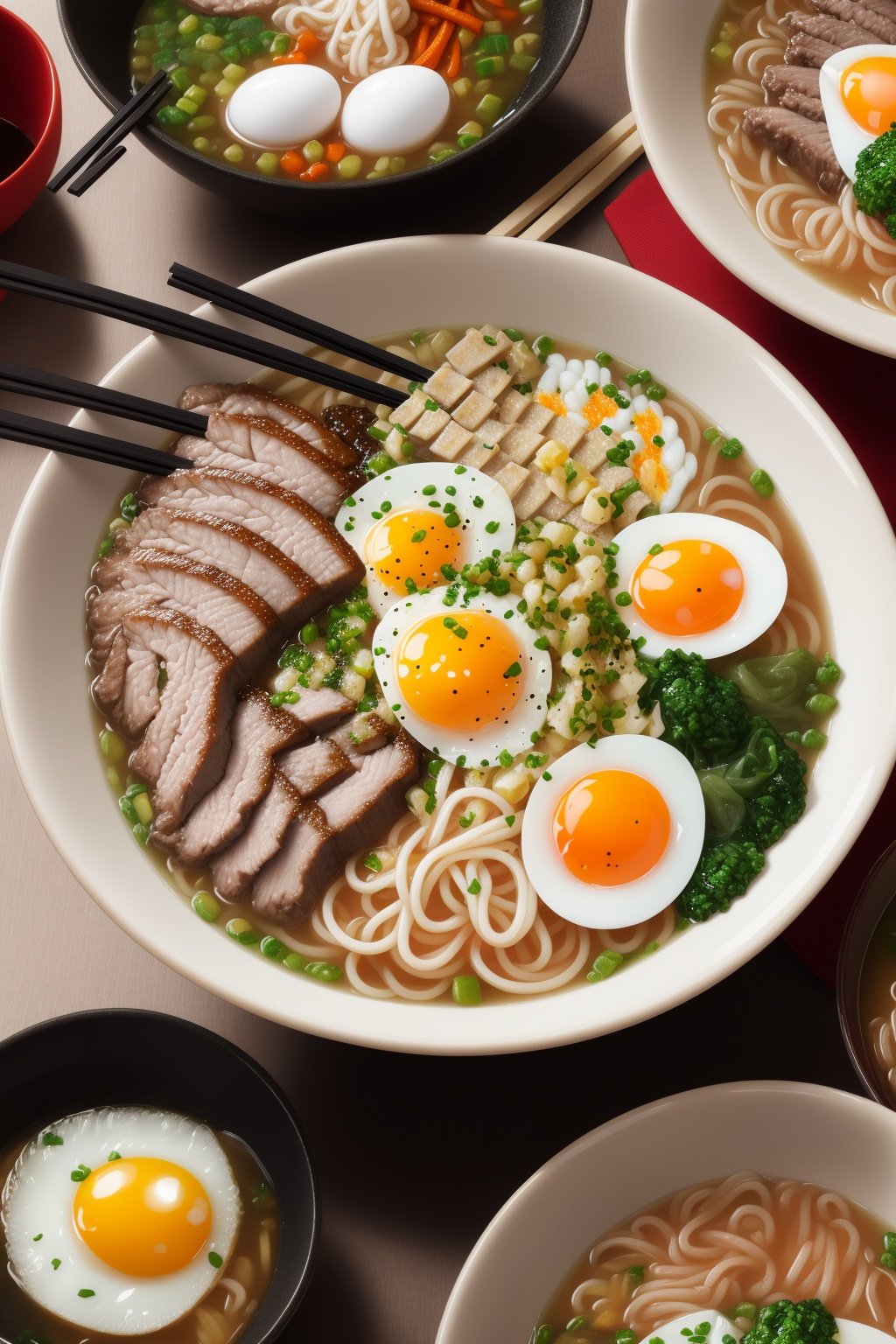 ultra detailed 8k cg, japanese ramen, chopsticks, egg, steam,