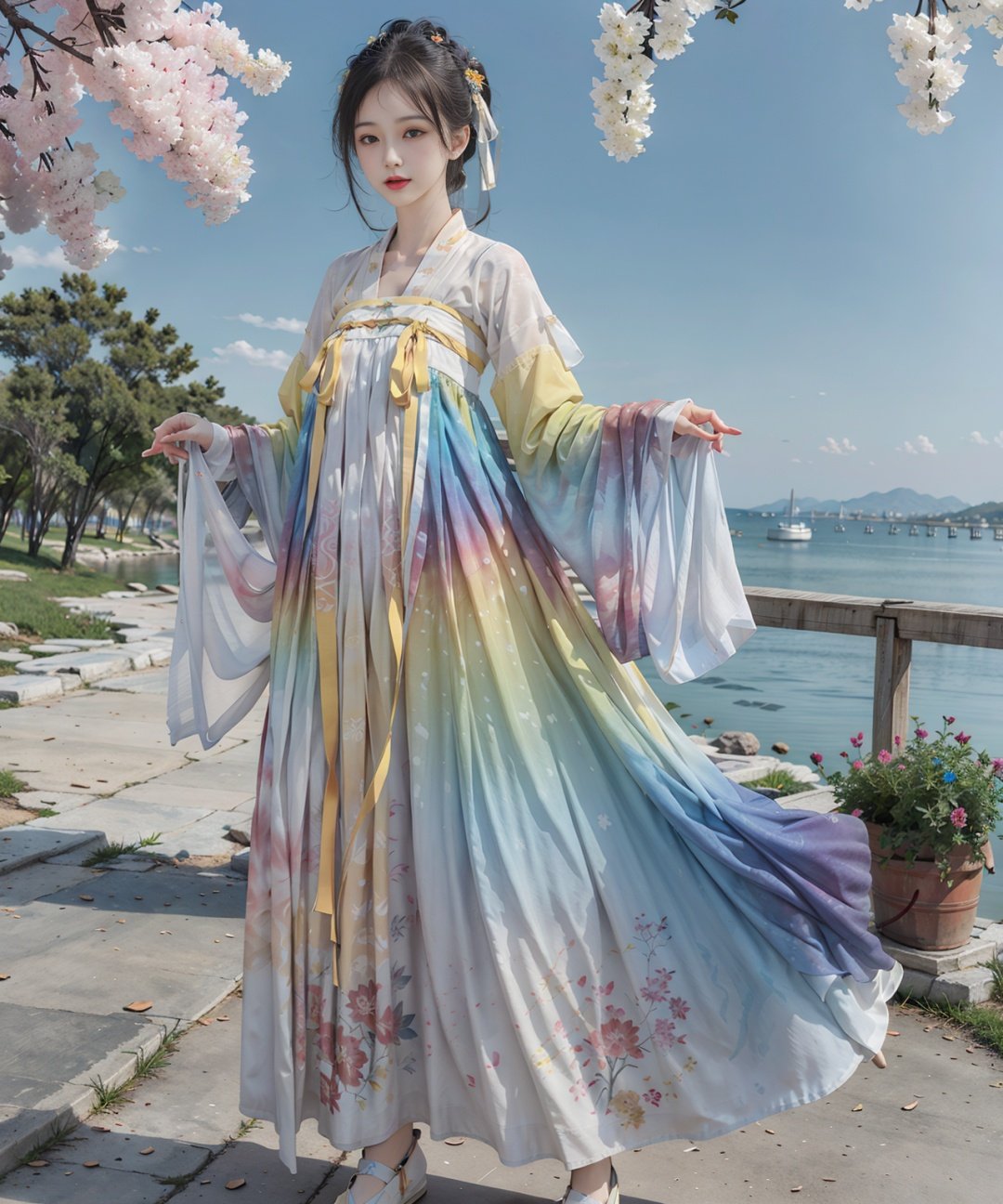 masterpiece, best quality,realistic,1girl,<lora:hanfuTang_v32:0.55>,(hanfu, tang style outfits, white upper shan, multicolour chest po skirt, yellow waistband),<lora:nwsj:0.7>,full body,solo