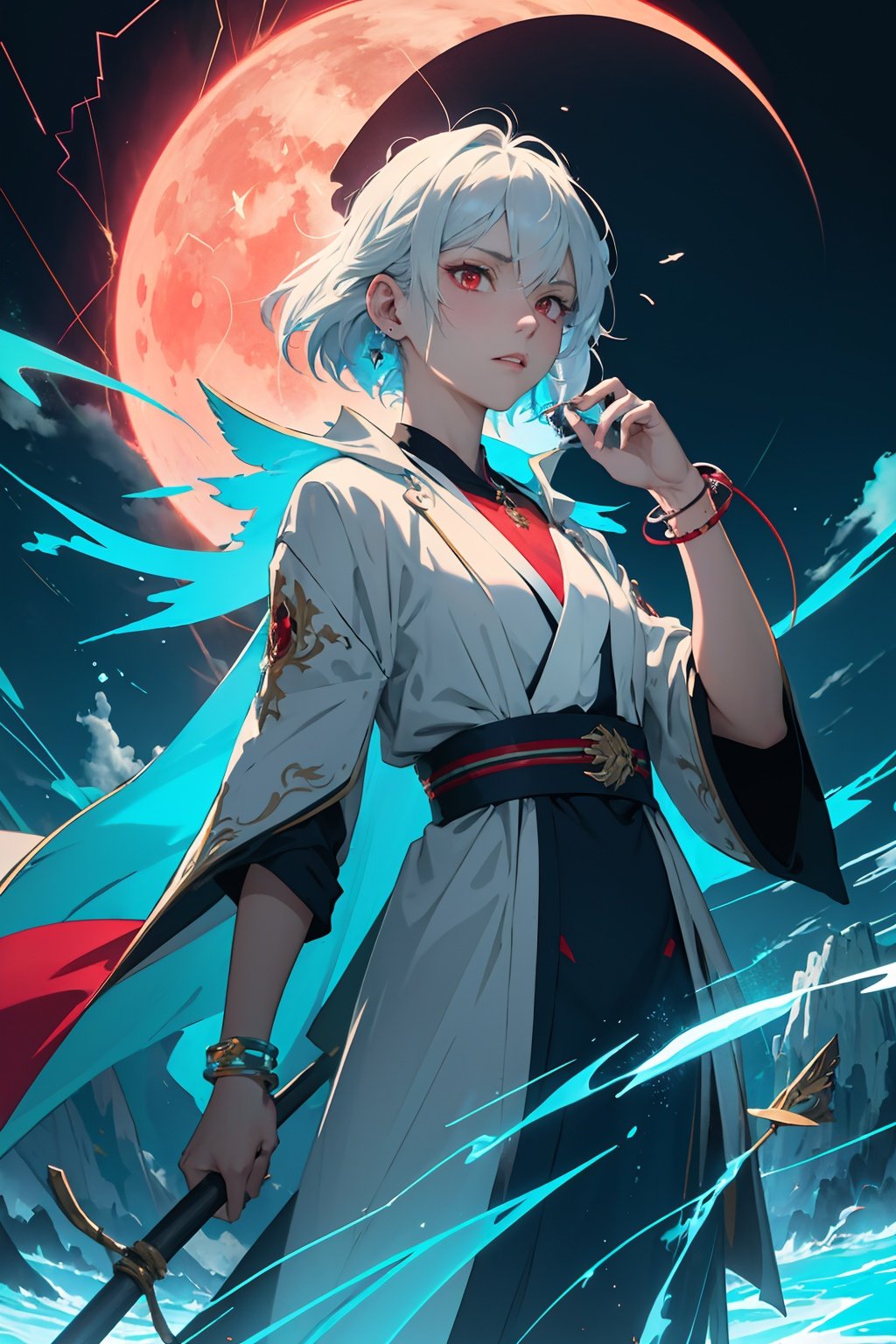 (flat color:1.3),(colorful:1.3),(masterpiece:1.2), best quality, original, extremely detailed wallpaper, looking at viewer, upperbody shot of a girl infused with lightning, fully clothed with blue long robe, highly detailed, extremely detailed, red eyes, electric, red moon, Rays of Shimmering Light, Cinematic Lighting, Matte, Stone, Milky Quartz, Opalite, Jewelry, Silk, Feathers, Water splash, Fog, Electric, Electricity, sparks, lensflare, rim lighting, backlighting, Bracelet, Chromatic Aberration, RTX, Post Processing