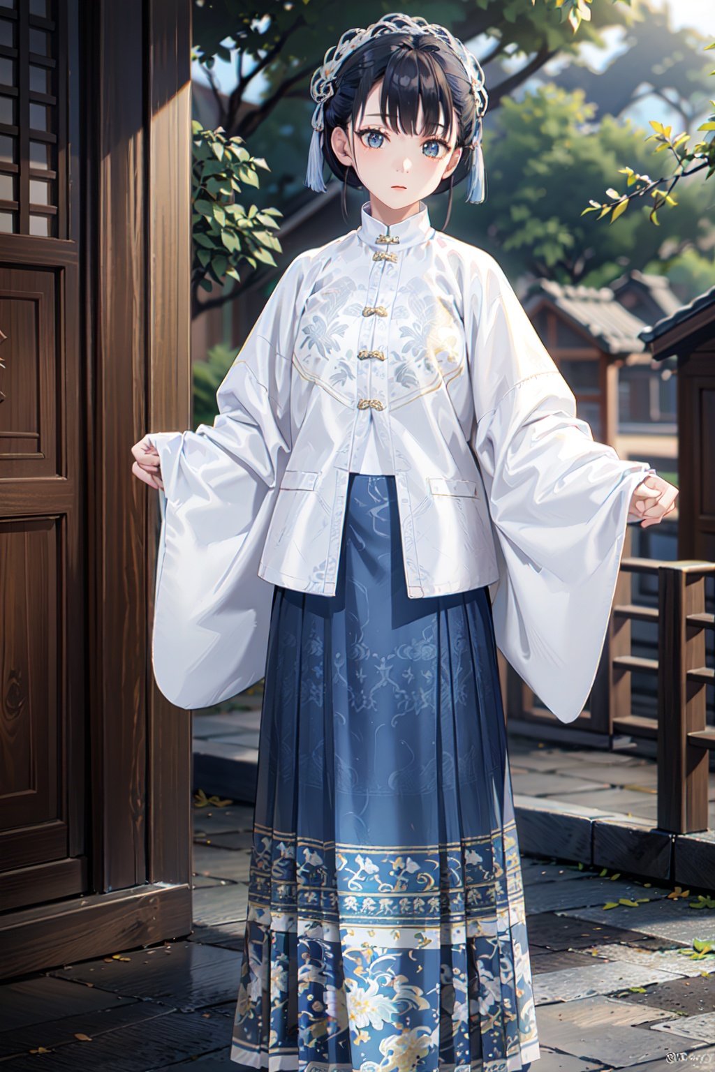 best quality,realistic,realskin,1girl,solo,outdoor,(hanfu, ming style outfits, white short coat, standing collar, blue mamian skirt)