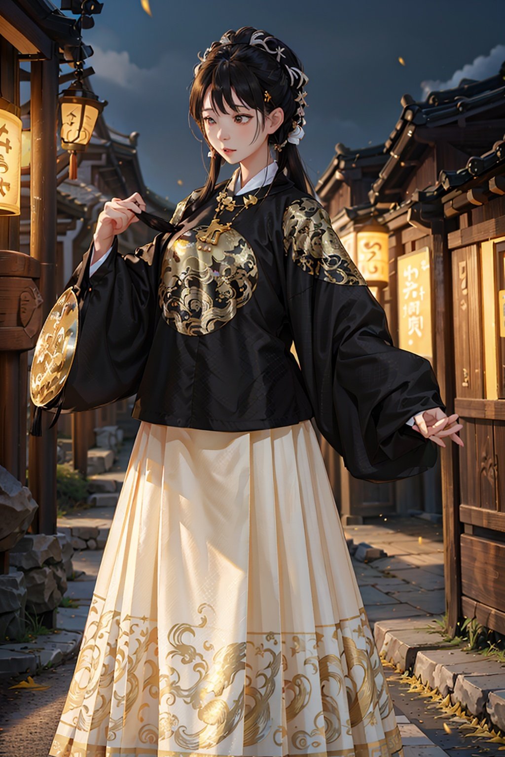 best quality,realistic,realskin,1girl,solo,outdoor,(hanfu, ming style outfits, black short coat, yellow with white mamian skirt, round collar, overlapping collar)