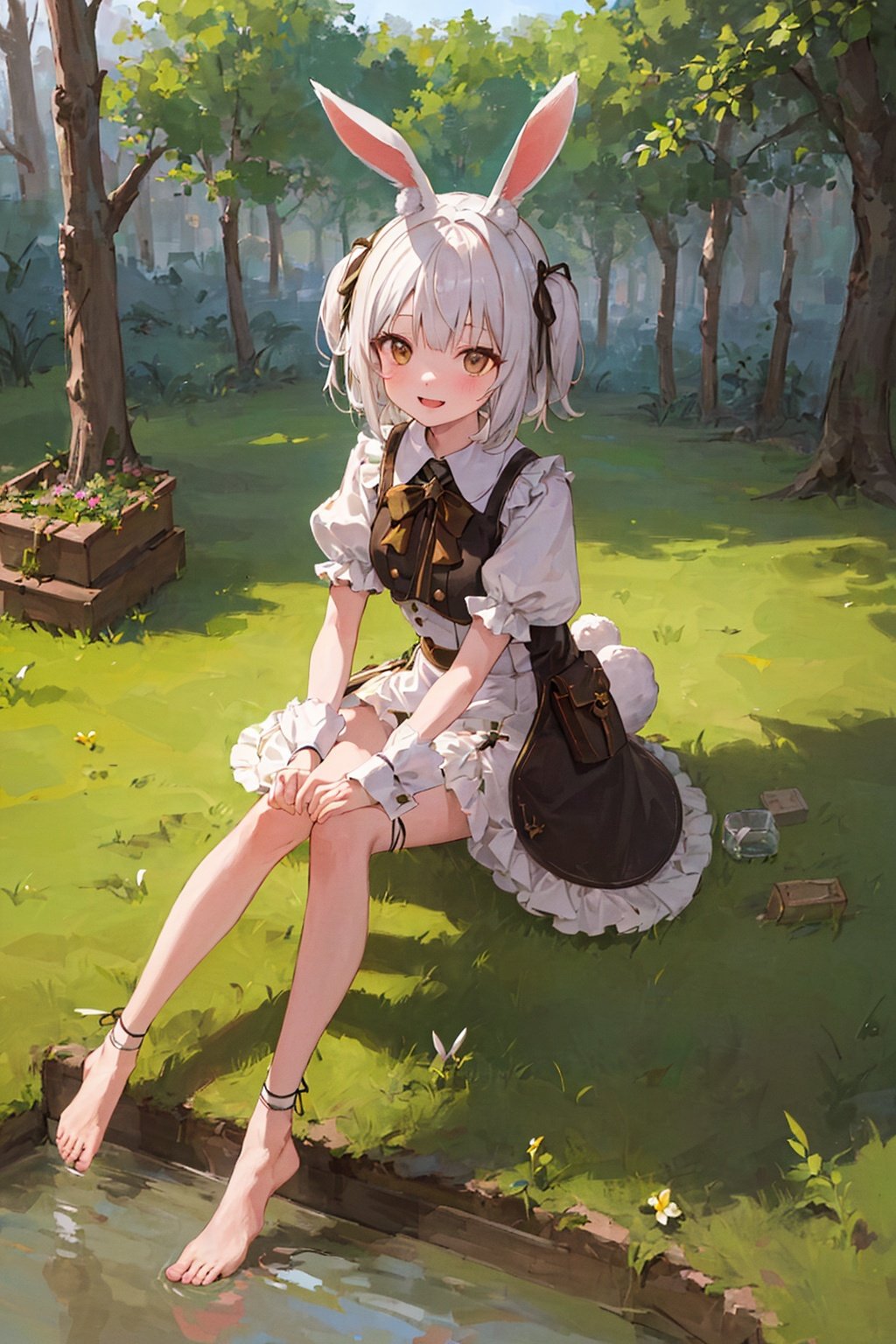 ((masterpiece,best quality)),1girl, solo, animal ears, rabbit, barefoot, knees up, dress, sitting, rabbit ears, short sleeves, looking at viewer, grass, short hair, smile, white hair, puffy sleeves, outdoors, puffy short sleeves, bangs, on ground, full body, animal, white dress, sunlight, brown eyes, dappled sunlight, day, depth of field