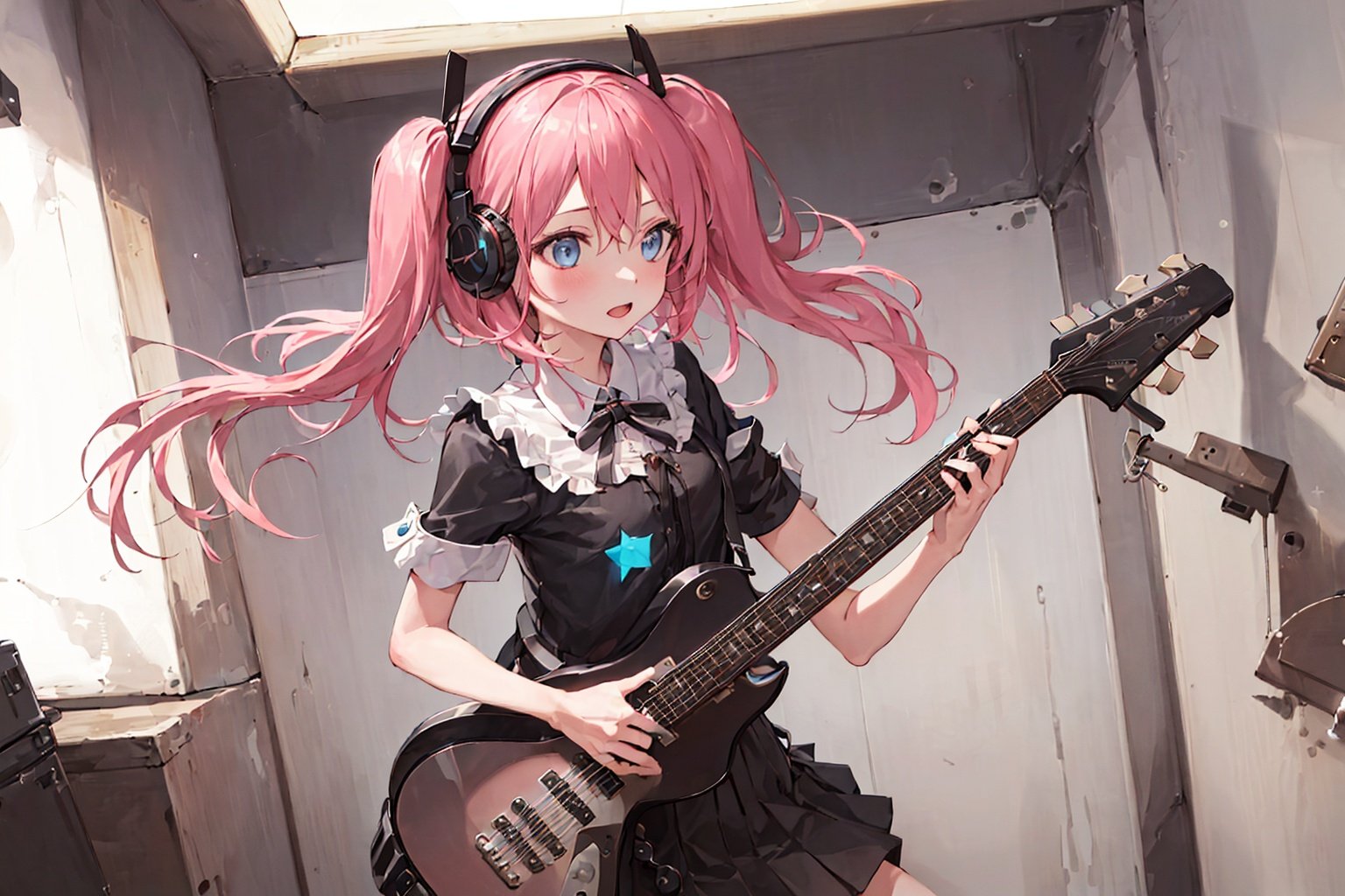 ((masterpiece,best quality))1girl, solo, black skirt, blue eyes, electric guitar, guitar, headphones, holding, holding plectrum, instrument, long hair, , music, one side up, pink hair, playing guiter, pleated skirt, black shirt, indoors