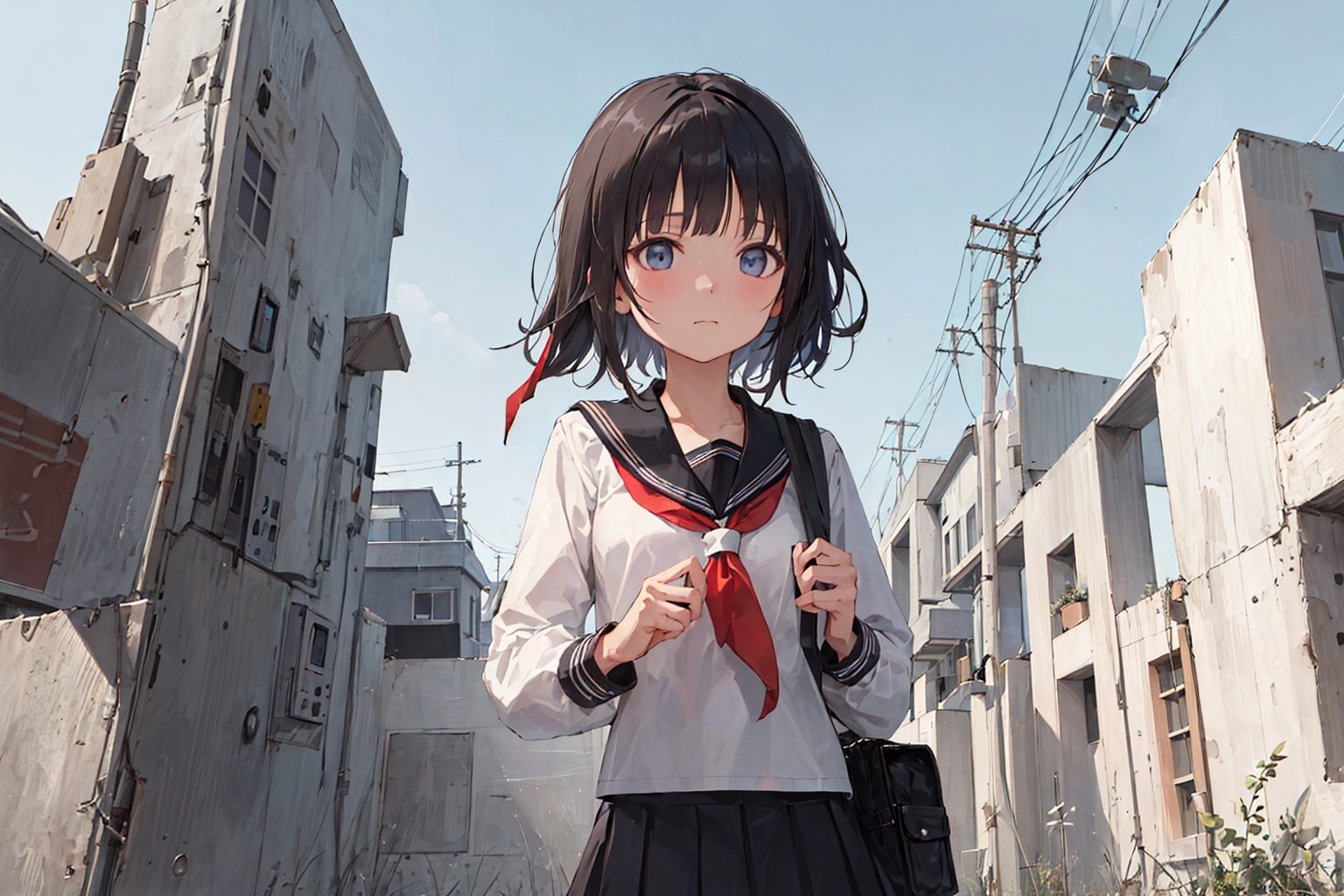 ((masterpiece,best quality)),1girl, from below, solo, school uniform, serafuku, sky, cloud, black hair, skirt, sailor collar, looking at viewer, short hair, building, bangs, neckerchief, long sleeves, cloudy sky, power lines, shirt, cityscape, pleated skirt, scenery, blunt bangs, city, night, black sailor collar, closed mouth, black skirt, medium hair, school bag , holding bag