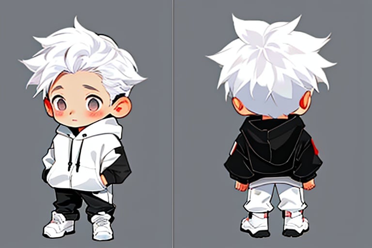 three_sided_view,multiple_views, 1boy, standing, chibi, full body, white hair, white hoodie, boots, pants