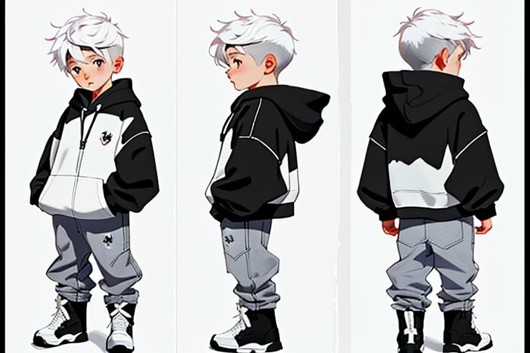 three_sided_view,multiple_views, 1boy, standing, chibi, full body, white hair, white hoodie, boots, pants