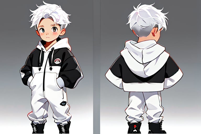 three_sided_view,multiple_views, 1boy, standing, chibi, full body, white hair, white hoodie, boots, pants