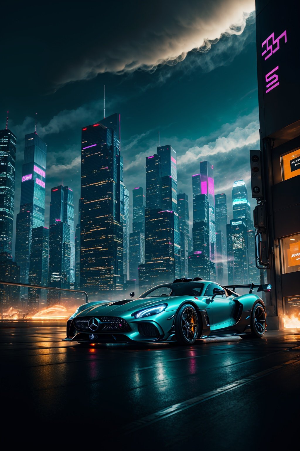 hypercars cyberpunk, muted colors ,swirling color smokes,legend,cityscape,space,mercedez benz