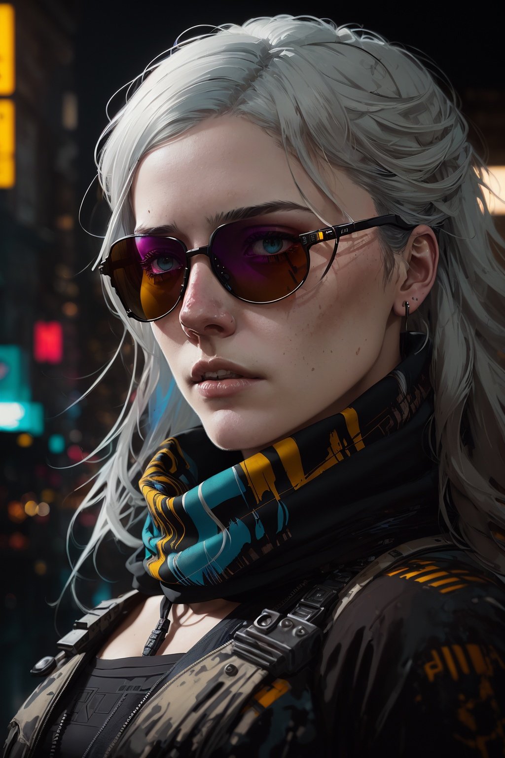 (dark shot:1.1), epic realistic, portrait of halo, sunglasses, blue eyes, tartan scarf, white hair by atey ghailan, by greg rutkowski, by greg tocchini, by james gilleard, by joe fenton, by kaethe butcher, gradient yellow, black, brown and magenta color scheme, grunge aesthetic!!! graffiti tag wall background, art by greg rutkowski and artgerm, soft cinematic light, adobe lightroom, photolab, hdr, intricate, highly detailed, (depth of field:1.4), faded, (neutral colors:1.2), (hdr:1.4), (muted colors:1.2), hyperdetailed, (artstation:1.4), cinematic, warm lights, dramatic light, (intricate details:1.1), complex background, (rutkowski:0.66), (teal and orange:0.4)