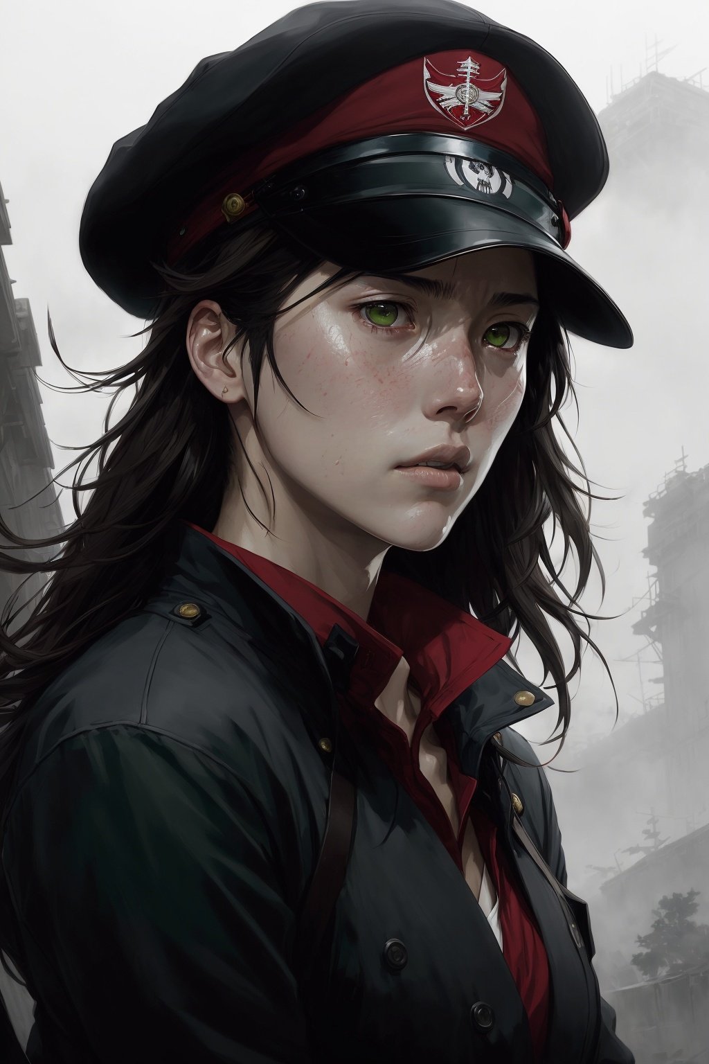 capitals girlwith a sailor red cap,red and black color clothes anime key visual full body portrait character concept art, commander with flowing brunette hair green eyes,long straight black hair, brutalist grimdark fantasy, kuudere noble dictator, trending pixiv fanbox, rule of thirds golden ratio, by greg rutkowski wlop makoto shinkai takashi takeuchi studio ghibli jamie wyeth,bw, (natural skin texture, hyperrealism, soft light, sharp)