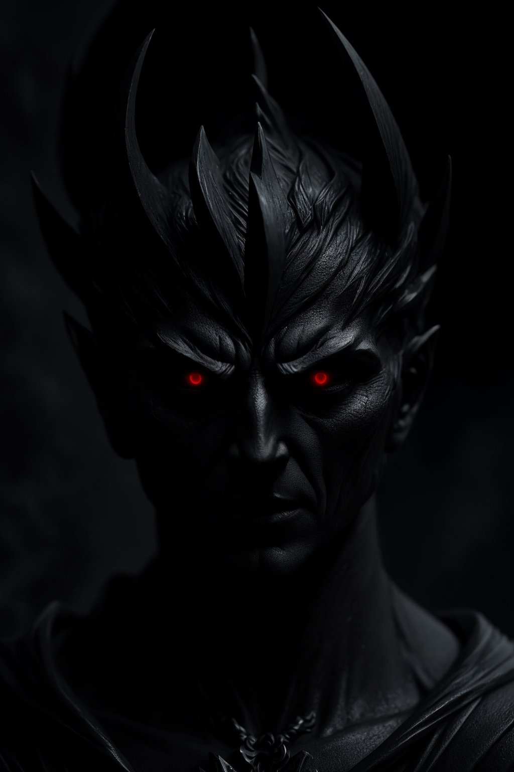 a demon made with black stone, Giovanni Strazza sculpt style , bokesharp focus depth, shadows, mist, fog, very High detailed, cinematic lighting, Cinematic, high detailed, ultra detailed, Accent Lighting, very god colors, realistic, 8k, HDR