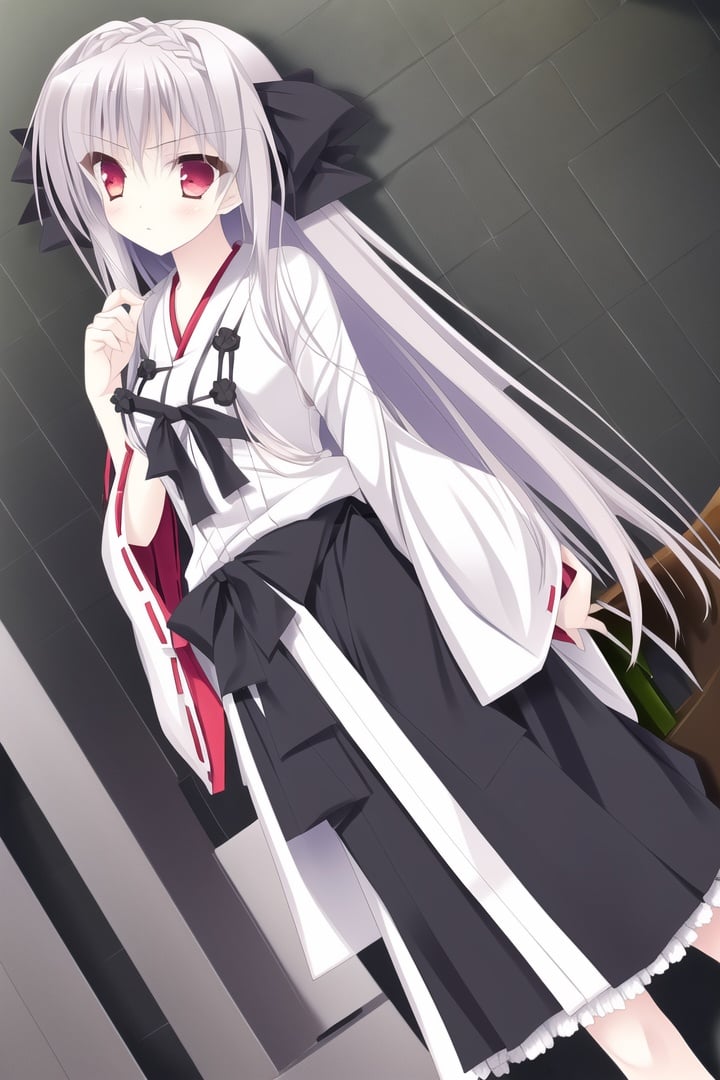 (gohei),(Miko clothing),1girl, solo, long hair, red eyes, bow, ribbon, skirt, hair bow, hair ribbon, very long hair,