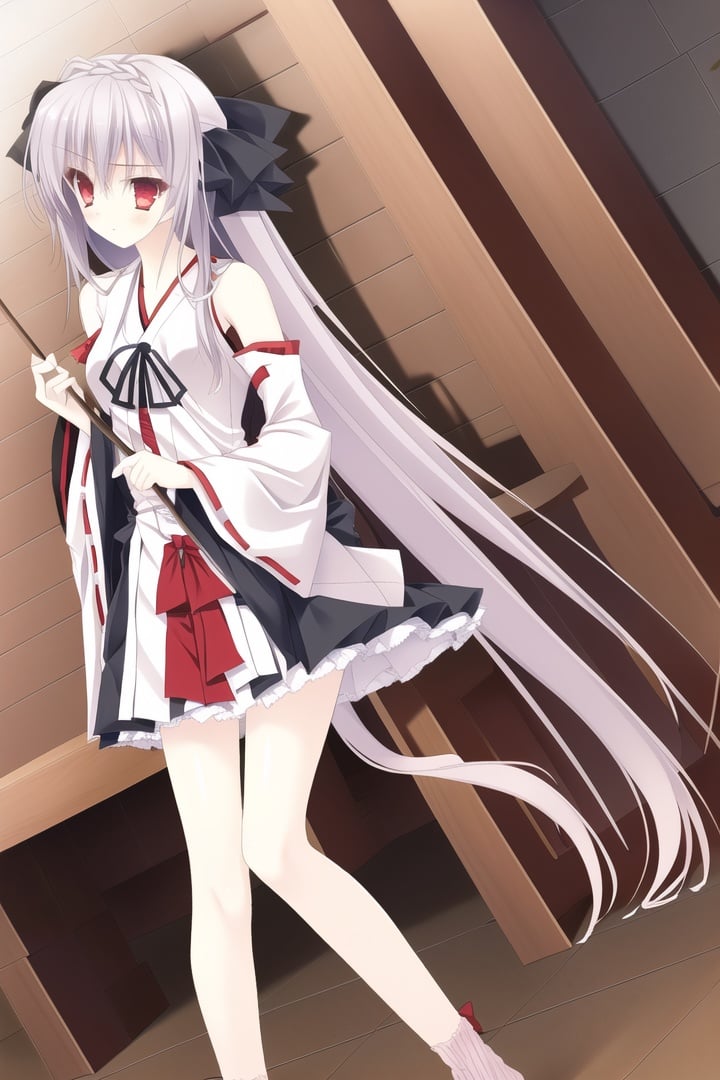 (gohei),(Miko clothing),1girl, solo, long hair, red eyes, bow, ribbon, skirt, hair bow, hair ribbon, very long hair,