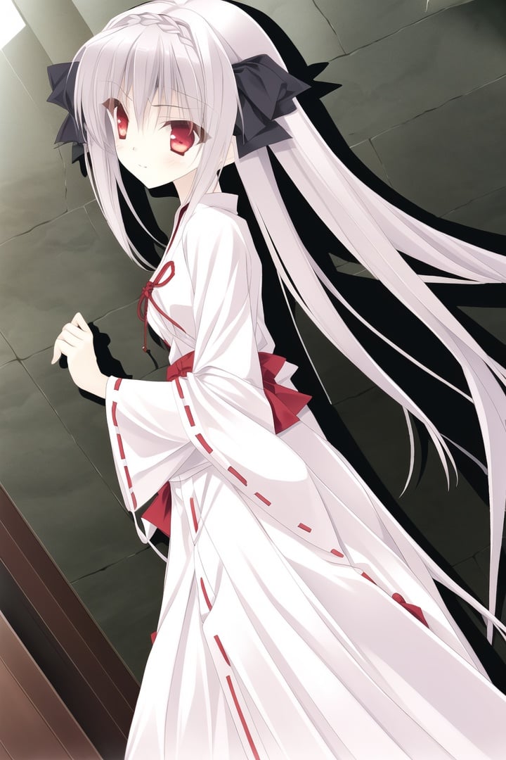 (gohei),(Miko clothing),1girl, solo, long hair, red eyes, bow, ribbon, skirt, hair bow, hair ribbon, very long hair,