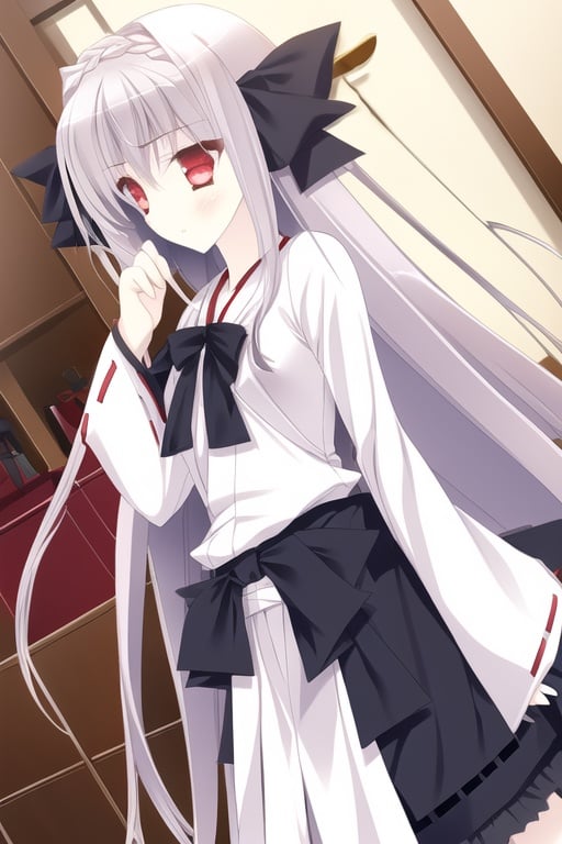 (gohei),(Miko clothing),1girl, solo, long hair, red eyes, bow, ribbon, skirt, hair bow, hair ribbon, very long hair,