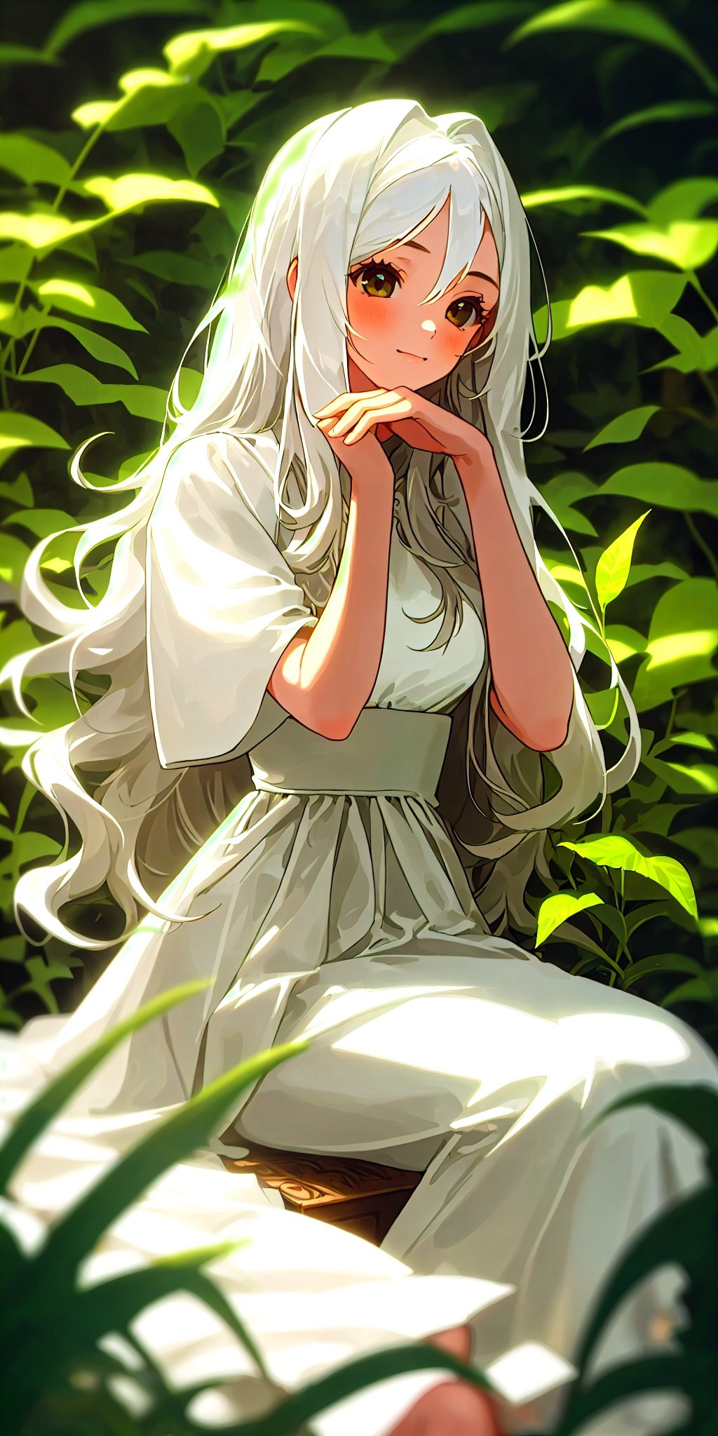 (masterpiece, best quality),1girl with long white hair sitting in a field of green plants and flowers, her hand under her chin, warm lighting, white dress, blurry foreground