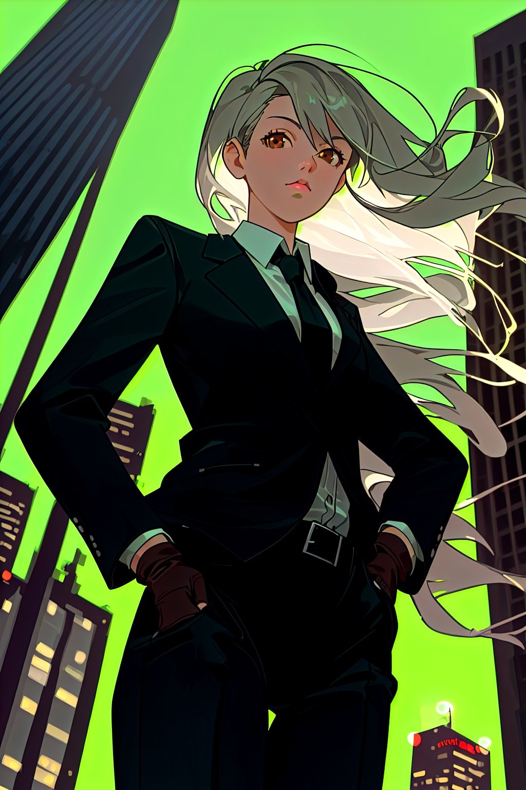 (masterpiece, best quality),(((from below, depth of field, dutch angle, green lighting))), floating hair, 1girl, solo, formal, hand in pocket, suit, black gloves, building, looking at viewer, black necktie, fingerless gloves, white shirt, city, outdoors, black jacket, belt, black pants, collared shirt, brown eyes, standing, long sleeves, grey hair, cityscape, open jacket, cowboy shot, skyscraper, black suit, night, pant suit, very long hair