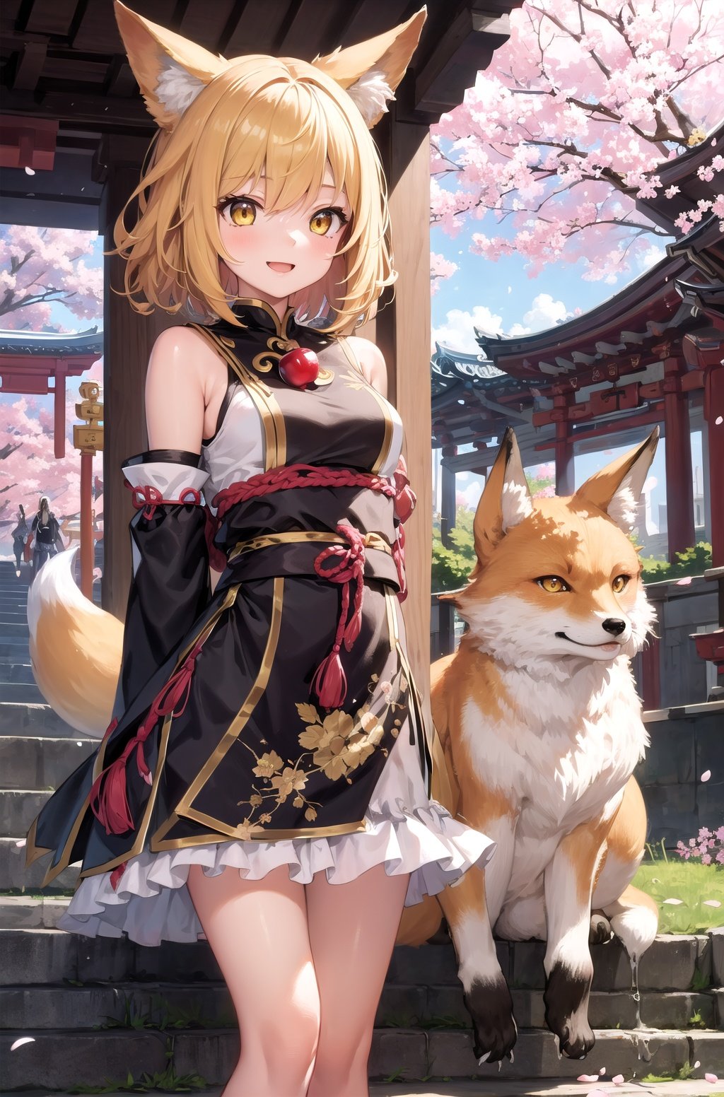 masterpiece, best quality, 1girl, yellow eyes, medium hair, stairs, cherry blossoms, temple, fox girl, detached sleeves, animal ears, happy, arms behind back,