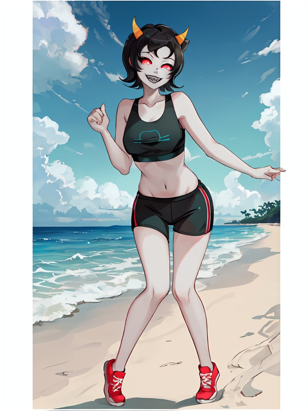 best quality, highres, 1girl, terezi, red eyes, smile, (detailed face), fullbody, beach, sport bra, sharp teeth