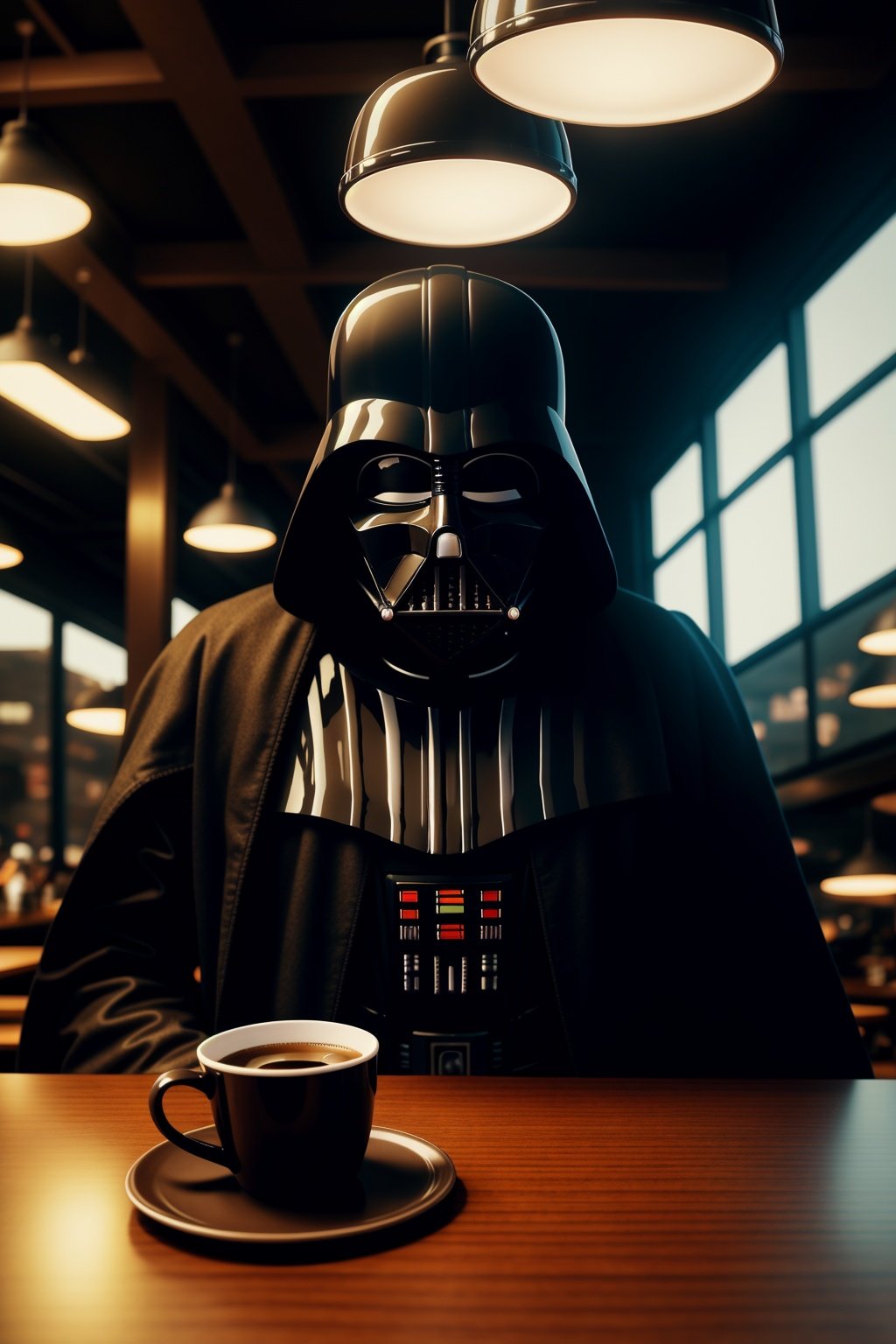 A photo of a Darth Vader sitting in a busy old diner, coffee cup in front of him, photorealistic, cinematic lighting, dark atmosphere, volumetric lighting, action pose, epic scene, lots of fine detail, movie style, photography, natural textures, natural light, natural blur, photorealism, cinematic rendering, ray tracing, highest quality, highest detail, Cinematic, Blur Effect, Long Exposure, 8K, Ultra-HD, Natural Lighting, Moody Lighting, Cinematic Lighting, hyper-realistic, vibrant, 8k, detailed, ultra detail, soothing tones, muted colors