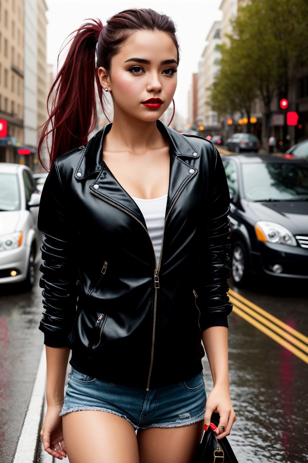 a young woman, street, ponytails, (muted colors:1.2), dramatic, complex background, soaking wet, red lipstick, realistic[:, (film grain, 25mm, f/1.2, dof, bokeh, beautiful symmetrical face, perfect sparkling eyes, well defined pupils, high contrast eyes, ultra detailed skin, skin pores, vellus hair, fabric stitching, fabric texture, wood grain, stone texture, finely detailed features:1):0.9]