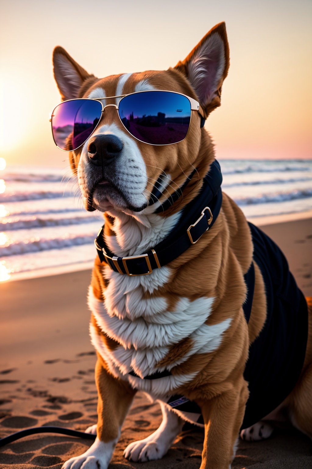 85mm, f1.8, portrait a dog on a beach wearing sunglasses, photo realistic, hyperrealistic, orante, super detailed, intricate, dramatic, sunset lighting, shadows, high dynamic range