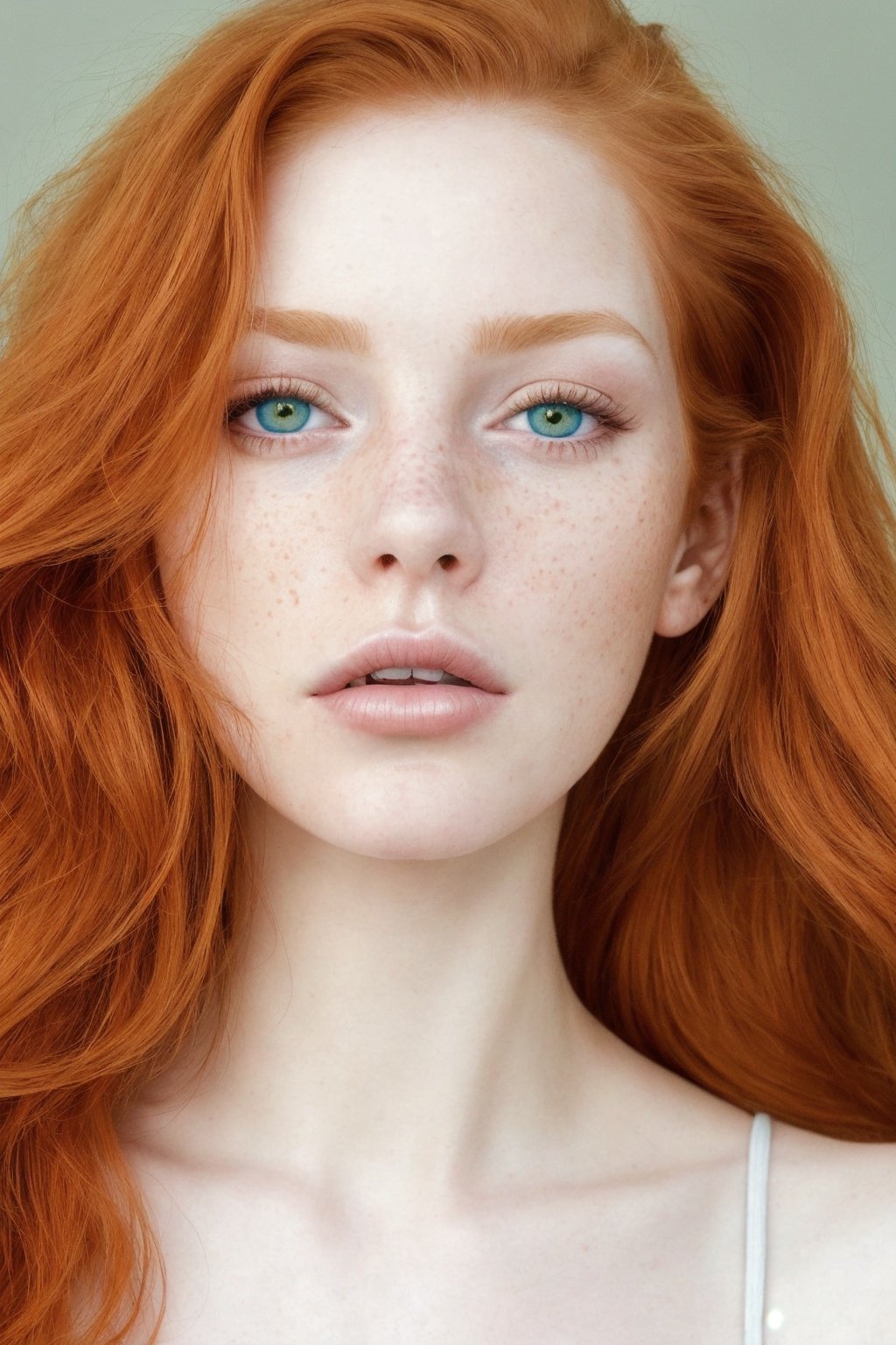 (close-up editorial photo of 20 yo woman, ginger  hair, slim American sweetheart), (freckles:0.8), (lips parted), realistic green eyes, POV, realistic[:, (film grain, 25mm, f/1.2, dof, bokeh, beautiful symmetrical face, perfect sparkling eyes, well defined pupils, high contrast eyes, ultra detailed skin, skin pores, vellus hair, fabric stitching, fabric texture, wood grain, stone texture, finely detailed features:1):0.9]