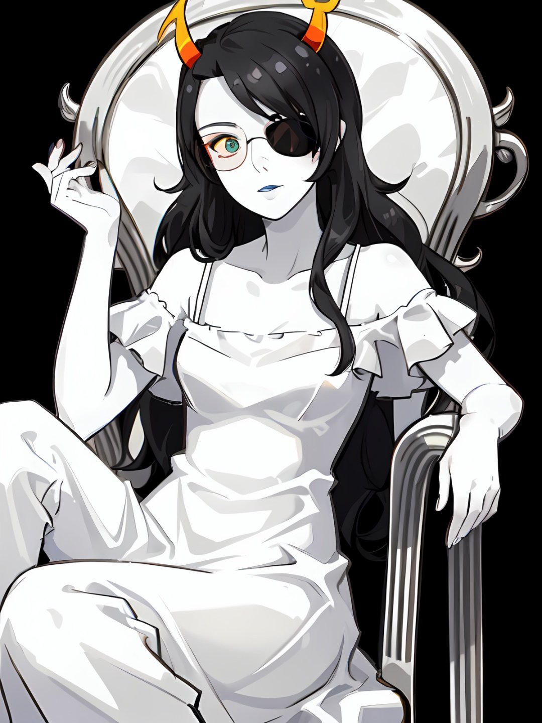 best quality, masterpiece, hires, vriska, gray skin, black hair, glasses, white dress, (detailed eyes), eyepatch, sit, queen chair