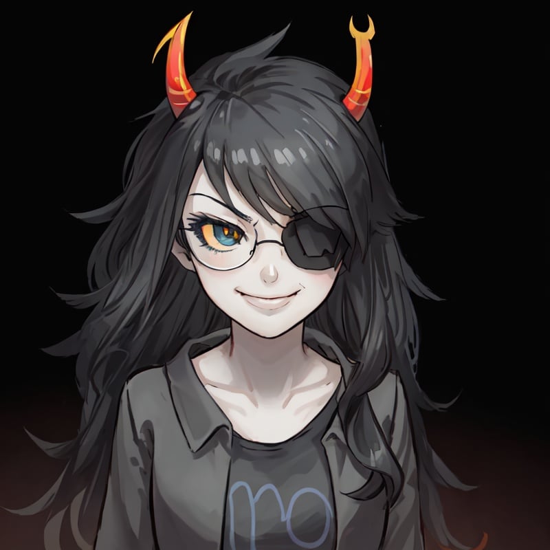 best quality, masterpiece, hires, vriska, glasses, black hair, dark gray jacket, detailed eye, smug, eyepatch