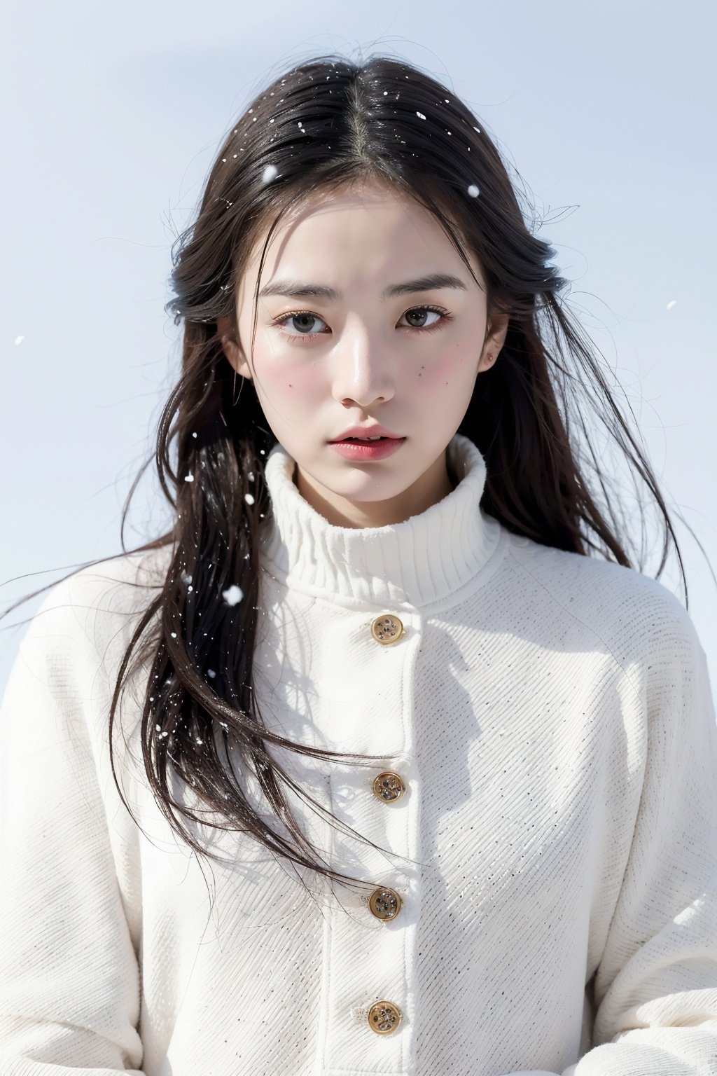 (8k, best quality, masterpiece, ultra highres:1.2) Photo of Pretty Japanese woman
 in the (style of paul rubens and rebecca guay:1.1) (melancholy winter snow:1.4)