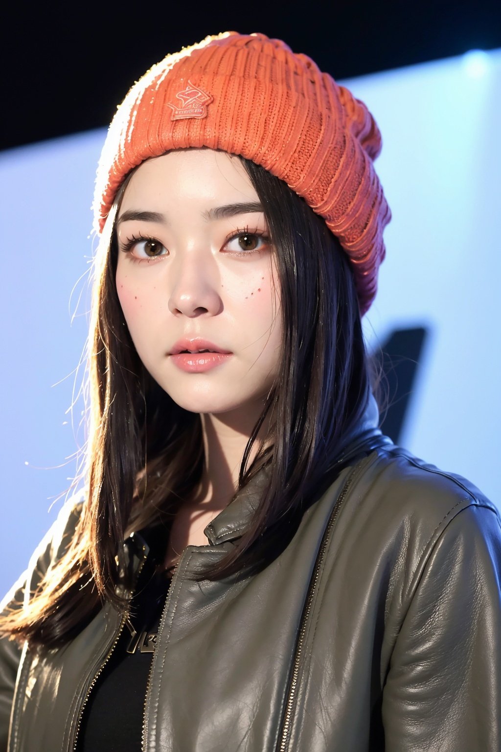 (
(8k:1.27), best quality, masterpiece, ultra highres:1.2) Photo of Pretty Japanese woman
 (beautiful:1.1) (sci-fi warrior woman:1.1) space soldier, (beanie:1.61) (leather jacket:1.21) intricate elegant, fantasy, detailed, ometric by greg rutkowski and alphonse mucha, gradient lighting