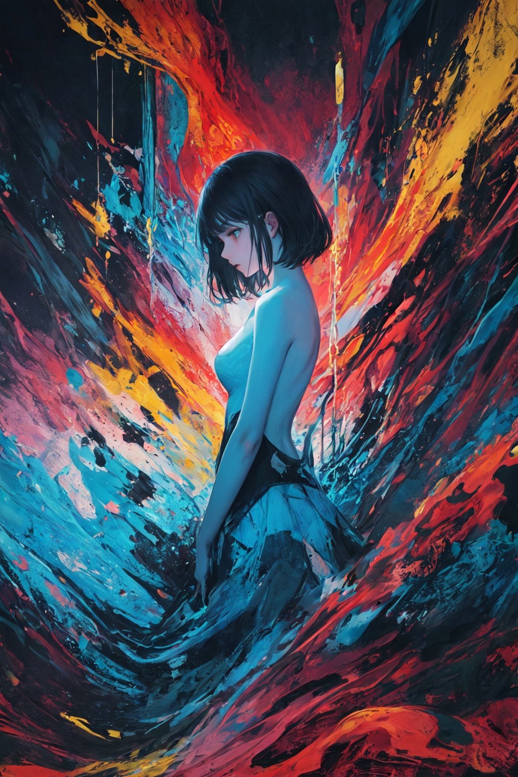 masterpiece, best quality, ultra high res, 1girl, (abstract art:1.4), bleeding blue, blue theme, visually stunning, beautiful, evocative, emotional, side view
