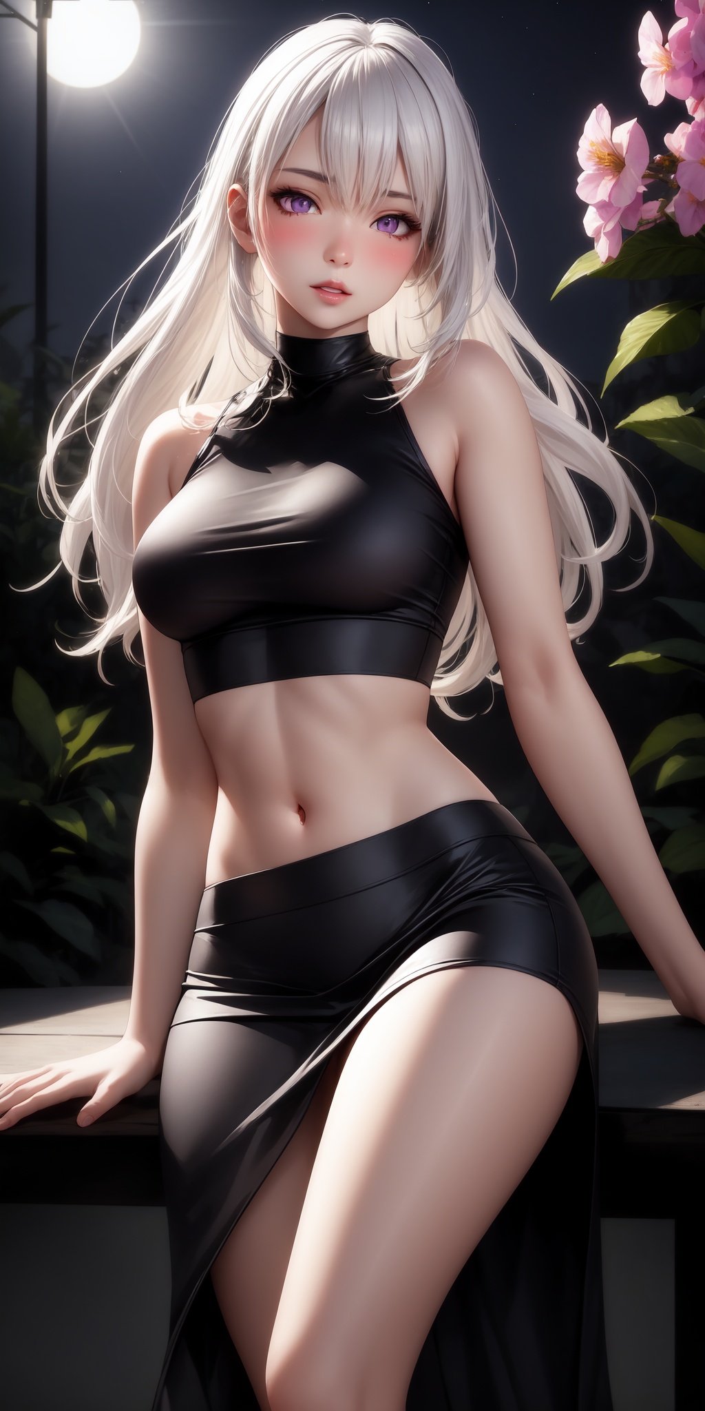 realistic, 1girl, white hair, purple eyes, glowing eyes, crop top, skirt, parted lips, blush, night, flowers, sun, sunlight,