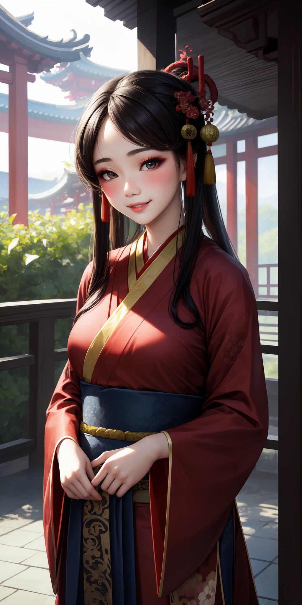 realistic, 1girl, makeup, chinese girl, parted lips, blush, (hanfu:1.2), light smile, east asian architecture, sun, sunlight, reflection, hair ornament,